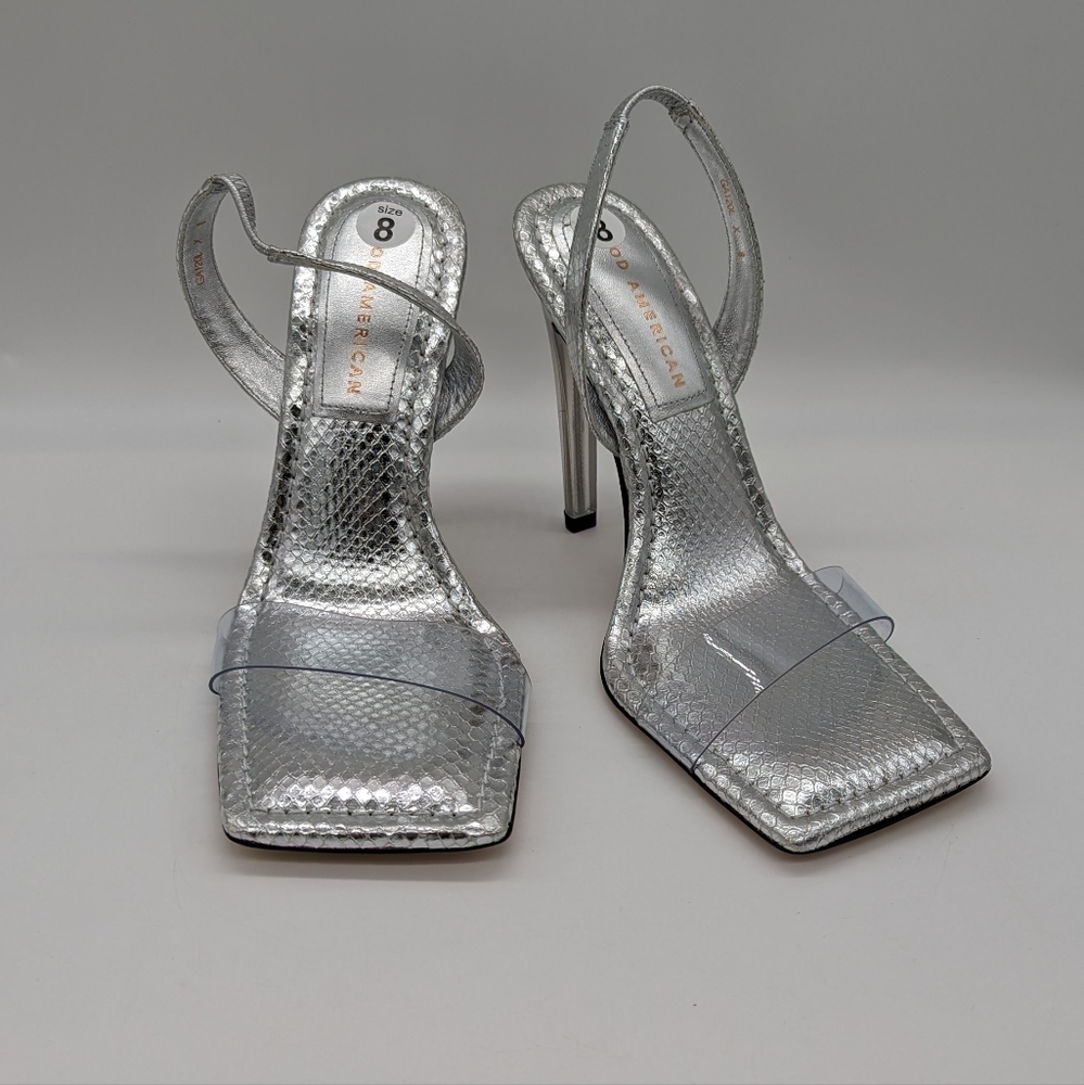 Good American Open Square Toe Heels Silver Snake Size 8 GA120L-X